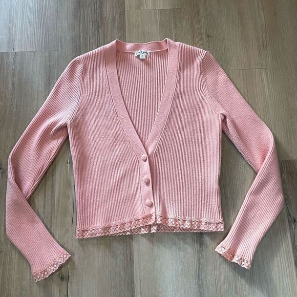 For Love & Lemon Women’s Medium Nina Pink Long Sleeve Knit Cardigan Sweater - Picture 4 of 10